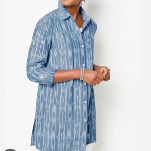 Pure Jill Blue Striped Ikat Woven Tunic Shirt SZ S 100% Cotton
